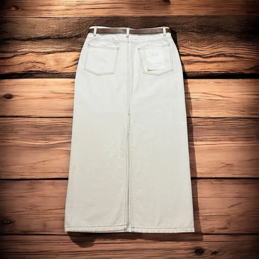 NEW Le' AL.X Ivory White Denim Pencil Maxi Skirt Contrast Stitch Back Slit 32 - Picture 2 of 12